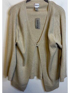 NEW CHICO'S Metallic Gold Twin Cardigan Sweater Shimmer Long Sleeve SIze 3